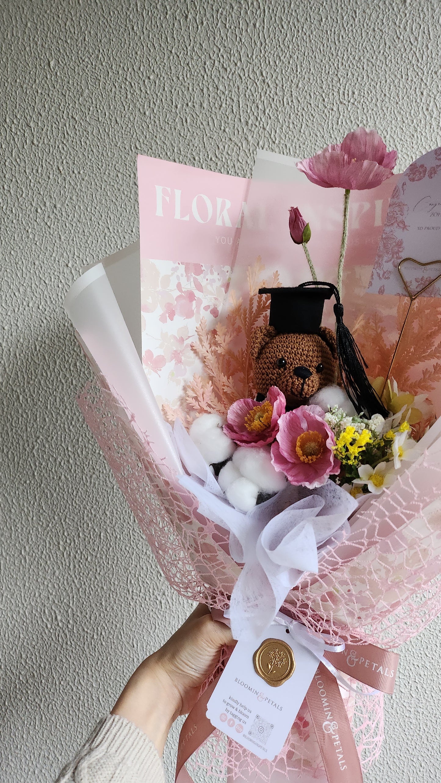 Crochet teddy bear graduation flower bouquet