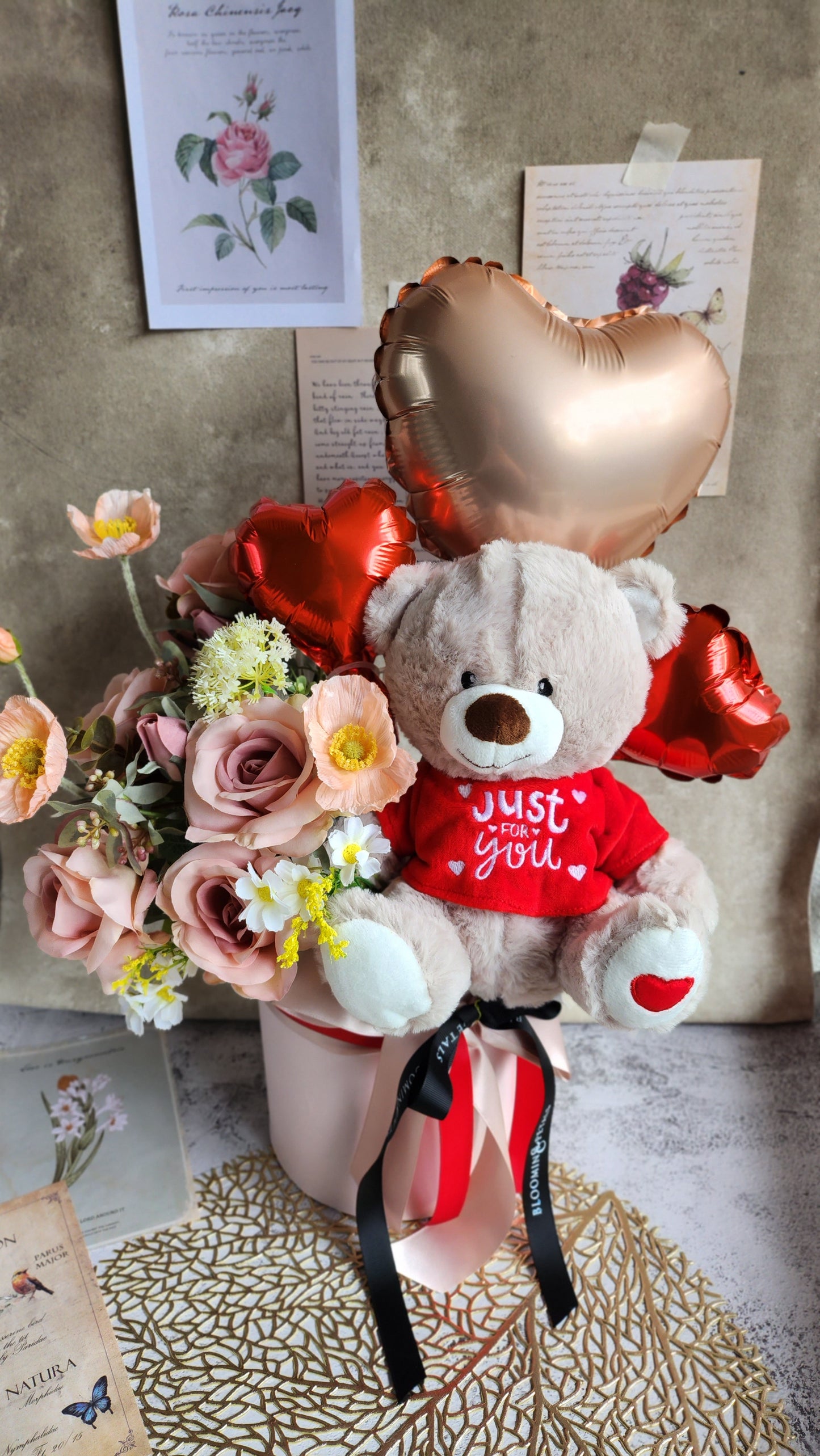 JUST FOR YOU heart foil balloon and premium silk flowers