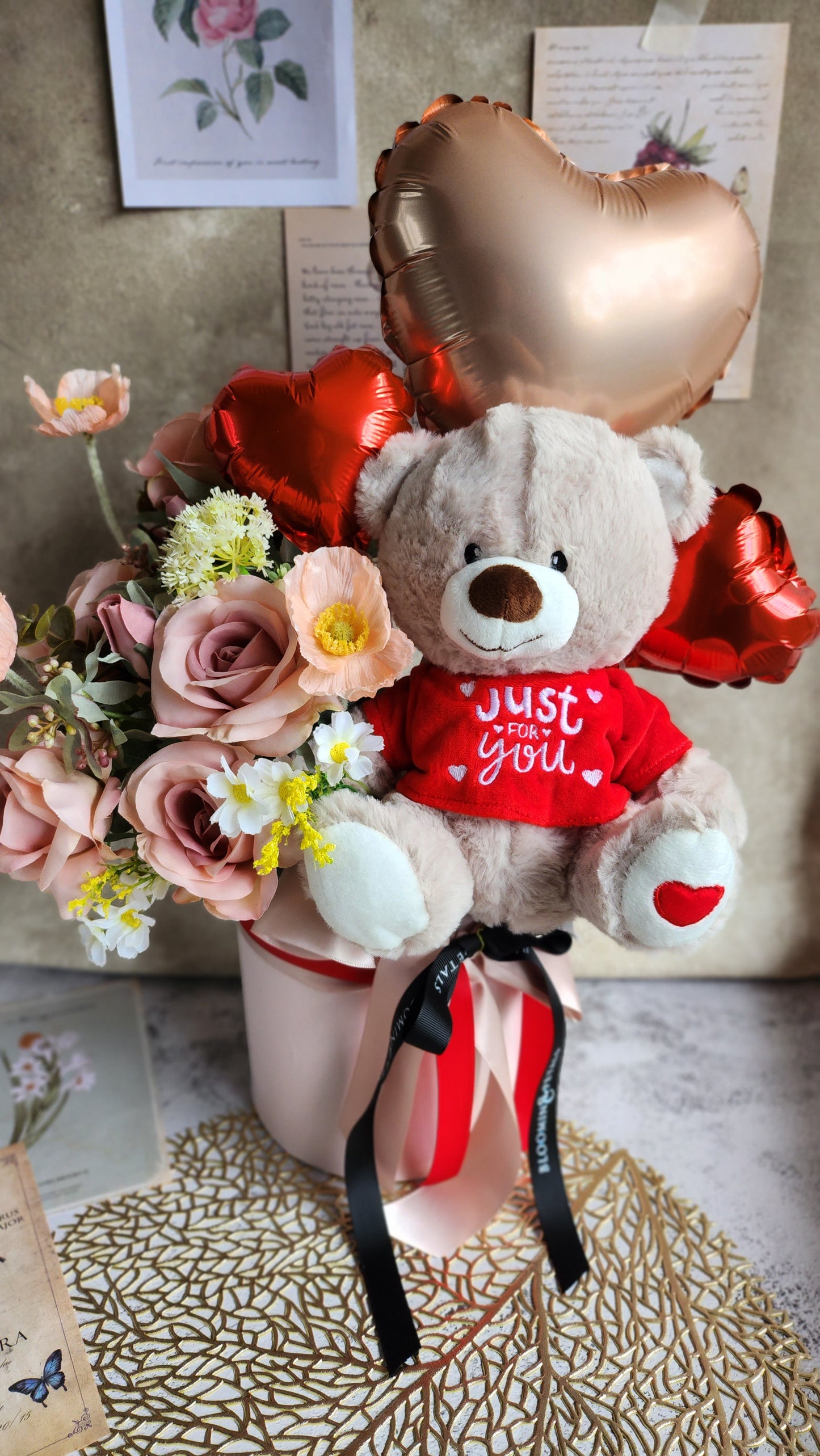 JUST FOR YOU heart foil balloon and premium silk flowers
