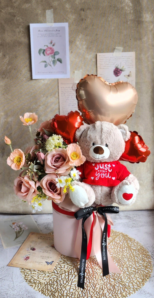 JUST FOR YOU heart foil balloon and premium silk flowers
