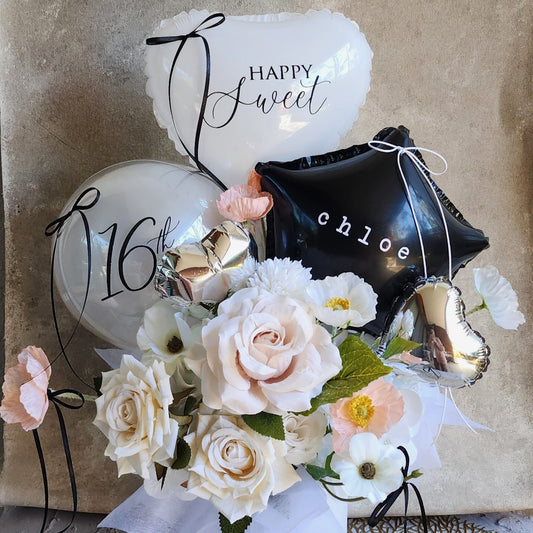 Birthday heart star combination foil balloon and premium silk flowers