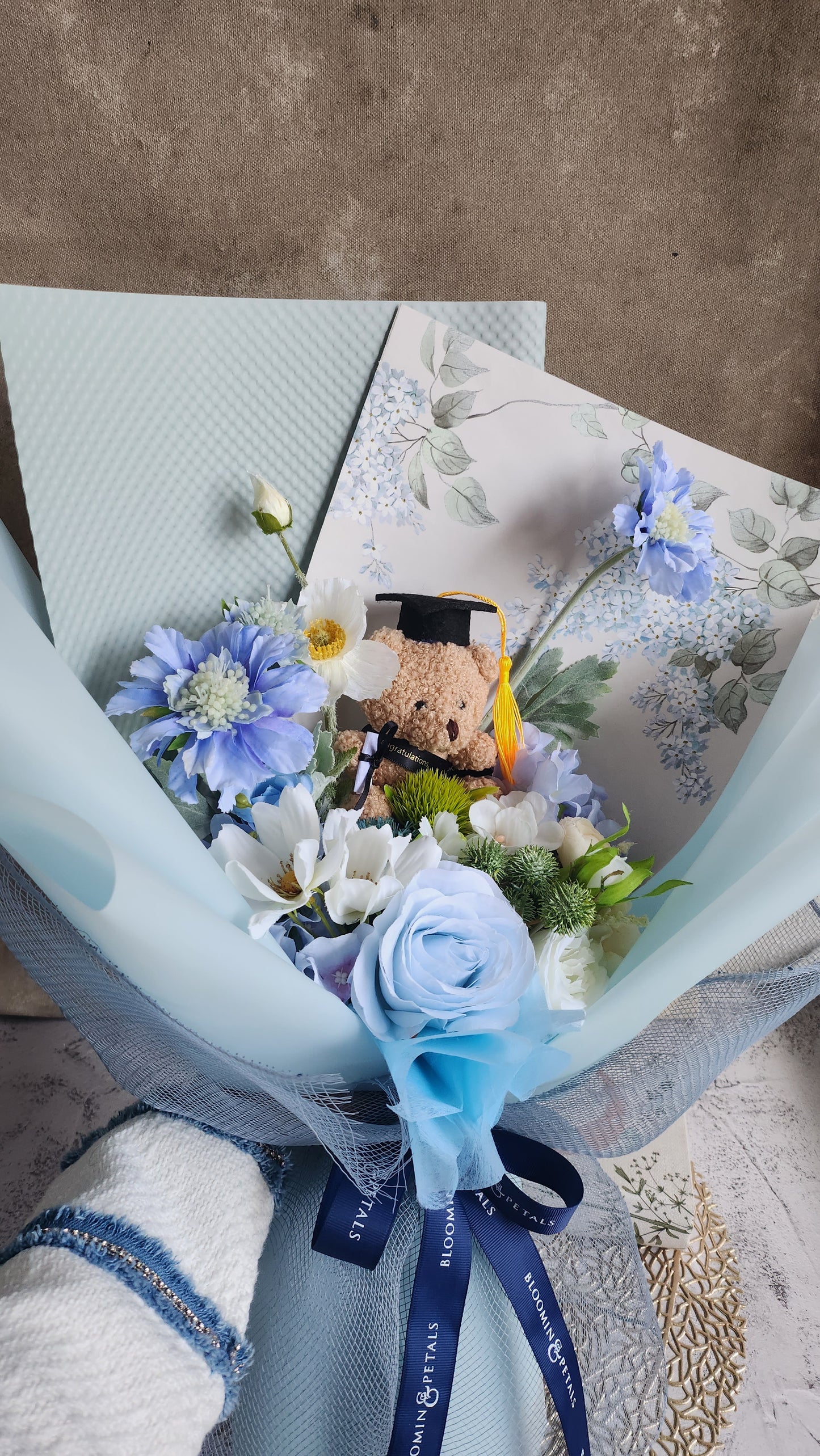 LIMITED EDITION BOUQUET WITH MEDIUM TEDDY BEAR GRADUATION BOUQUET