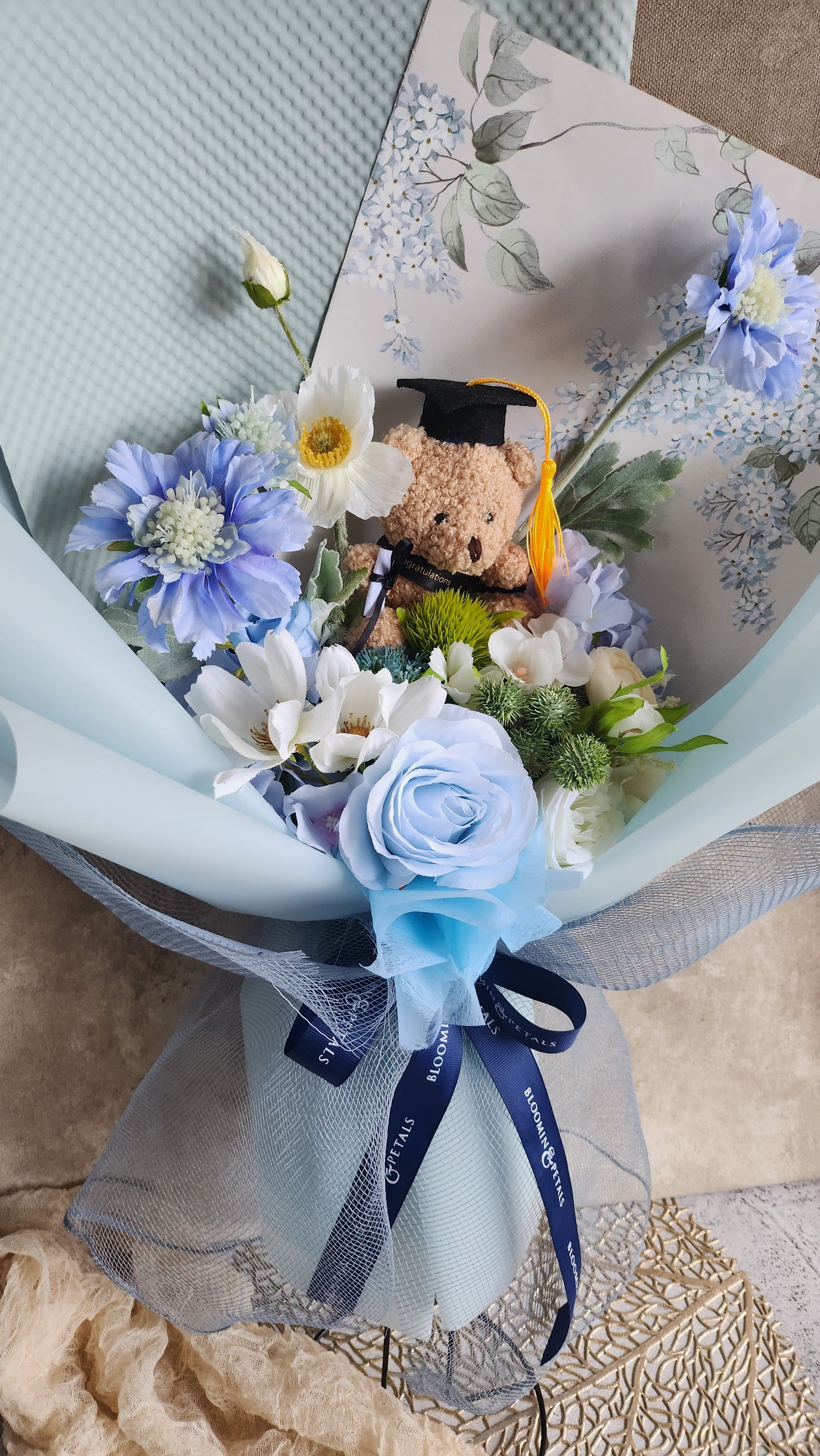 LIMITED EDITION BOUQUET WITH MEDIUM TEDDY BEAR GRADUATION BOUQUET