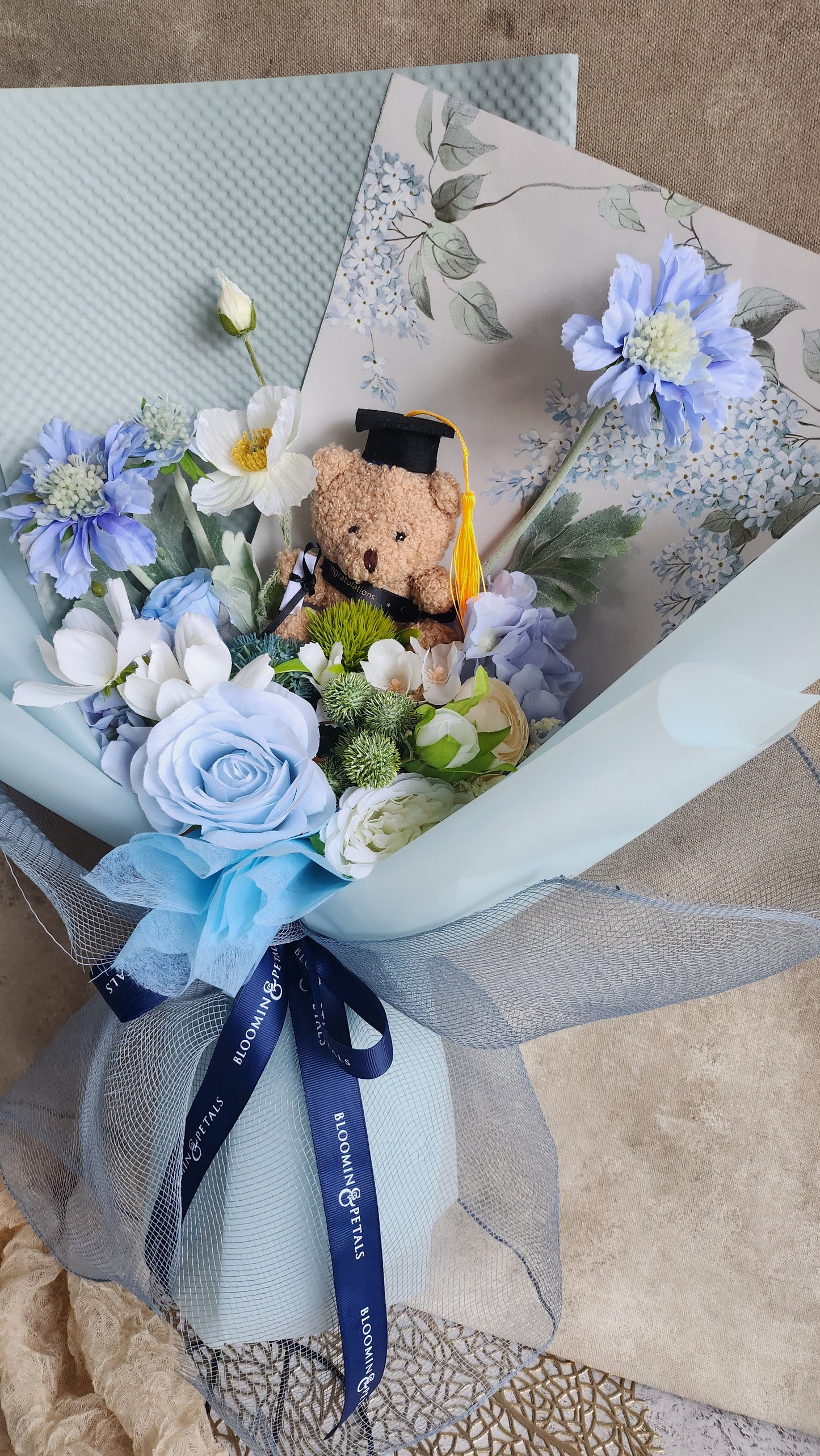 LIMITED EDITION BOUQUET WITH MEDIUM TEDDY BEAR GRADUATION BOUQUET