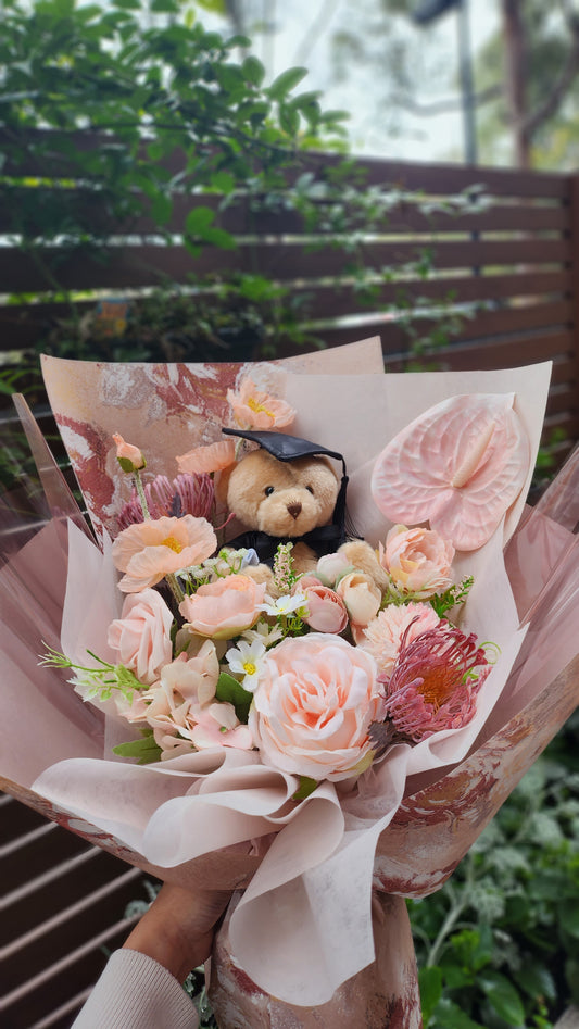 LIMITED EDITION BOUQUET WITH MEDIUM TEDDY BEAR GRADUATION BOUQUET