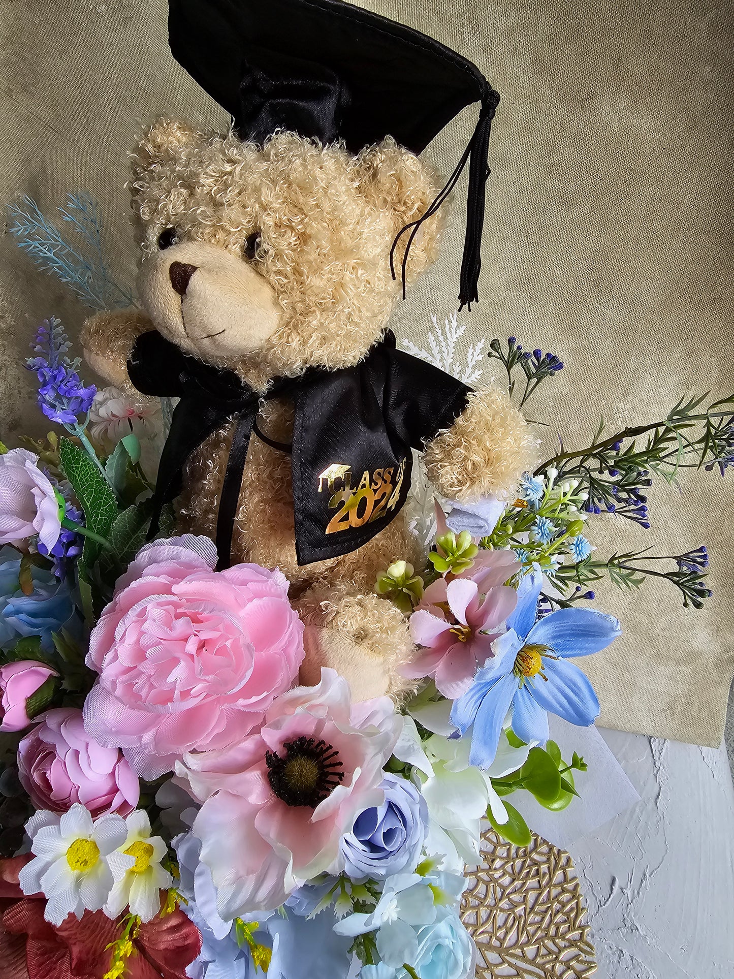 Bloom box graduation teddy bear with beautiful silk flowers