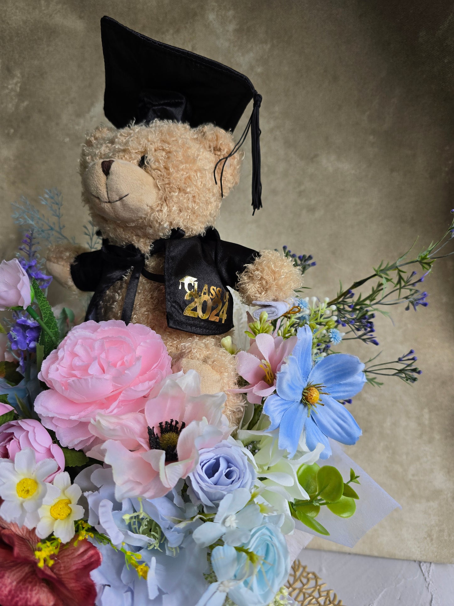 Bloom box graduation teddy bear with beautiful silk flowers