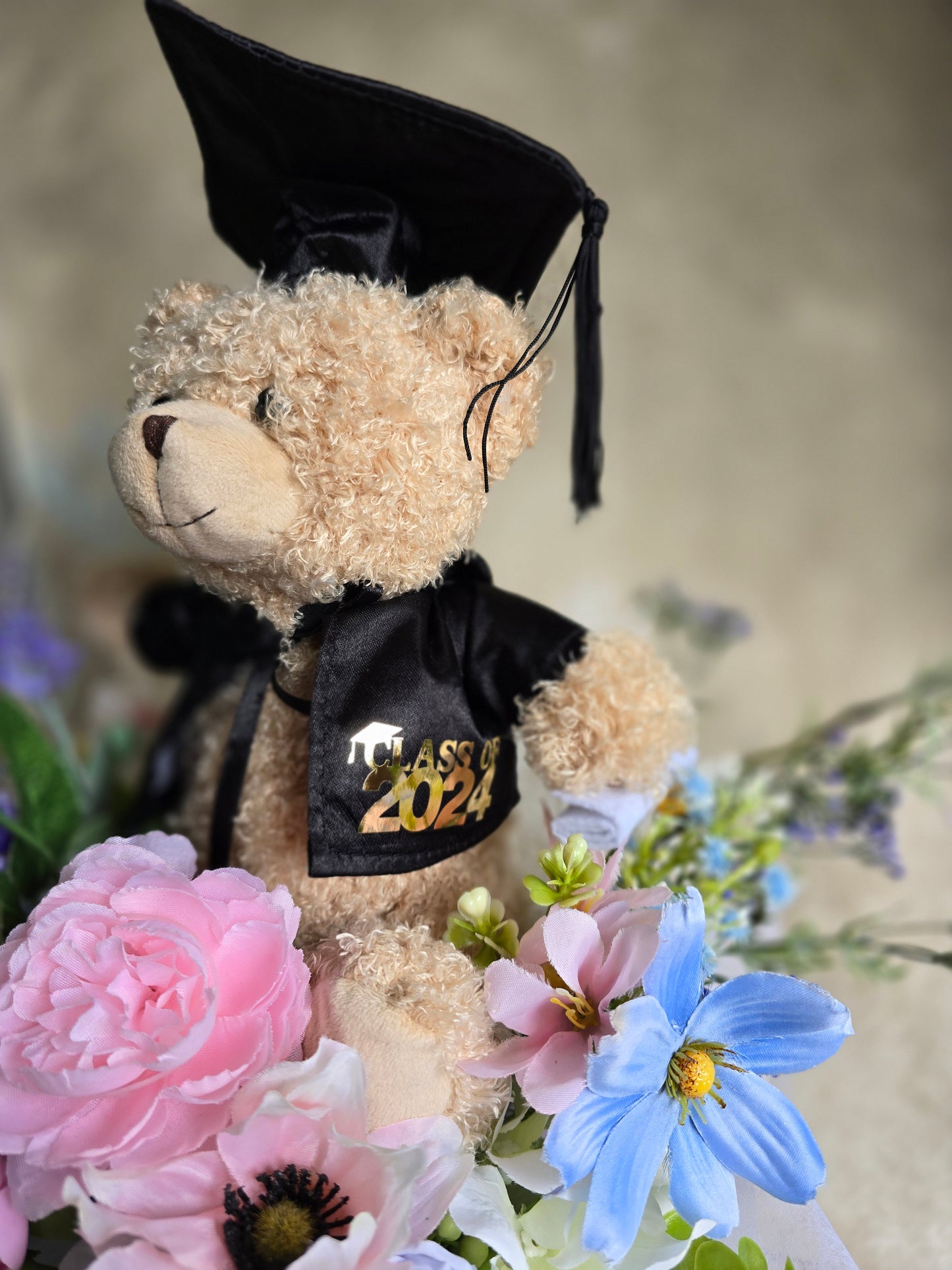 Bloom box graduation teddy bear with beautiful silk flowers