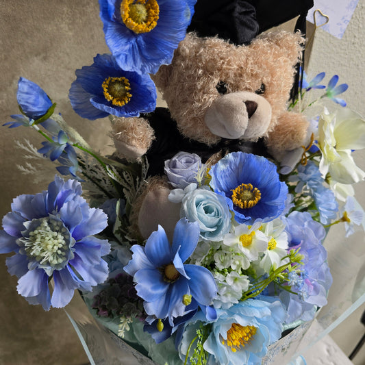 BLUE GRADUATION BOUQUET silk flower arrangement round bouquet