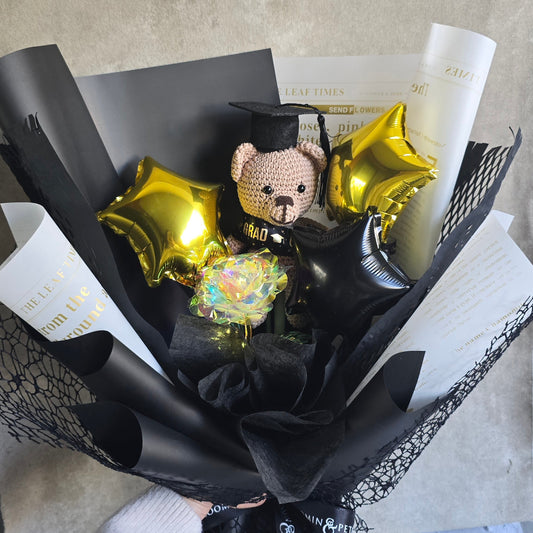 Clear rose with crochet teddy bear GRADUATION BOUQUET