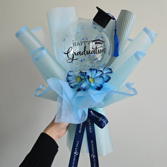 Blue Graduation Balloon Bouquet with Artificial Flowers & Cap – Handmade Class of 2025 Gift | Buy 3 or 6 Bundles to Save More