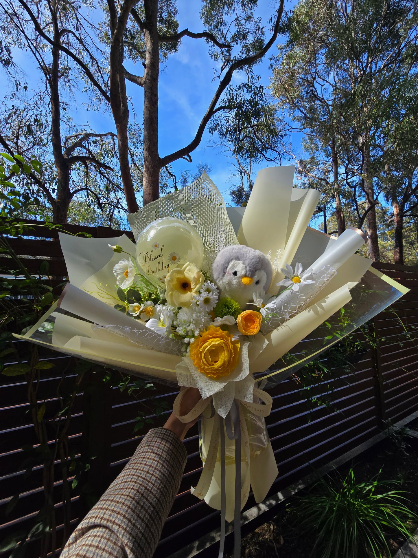 CUSTOM BIRTHDAY FLOWER  BOUQUET WITH BALLOON and PLUSHIE