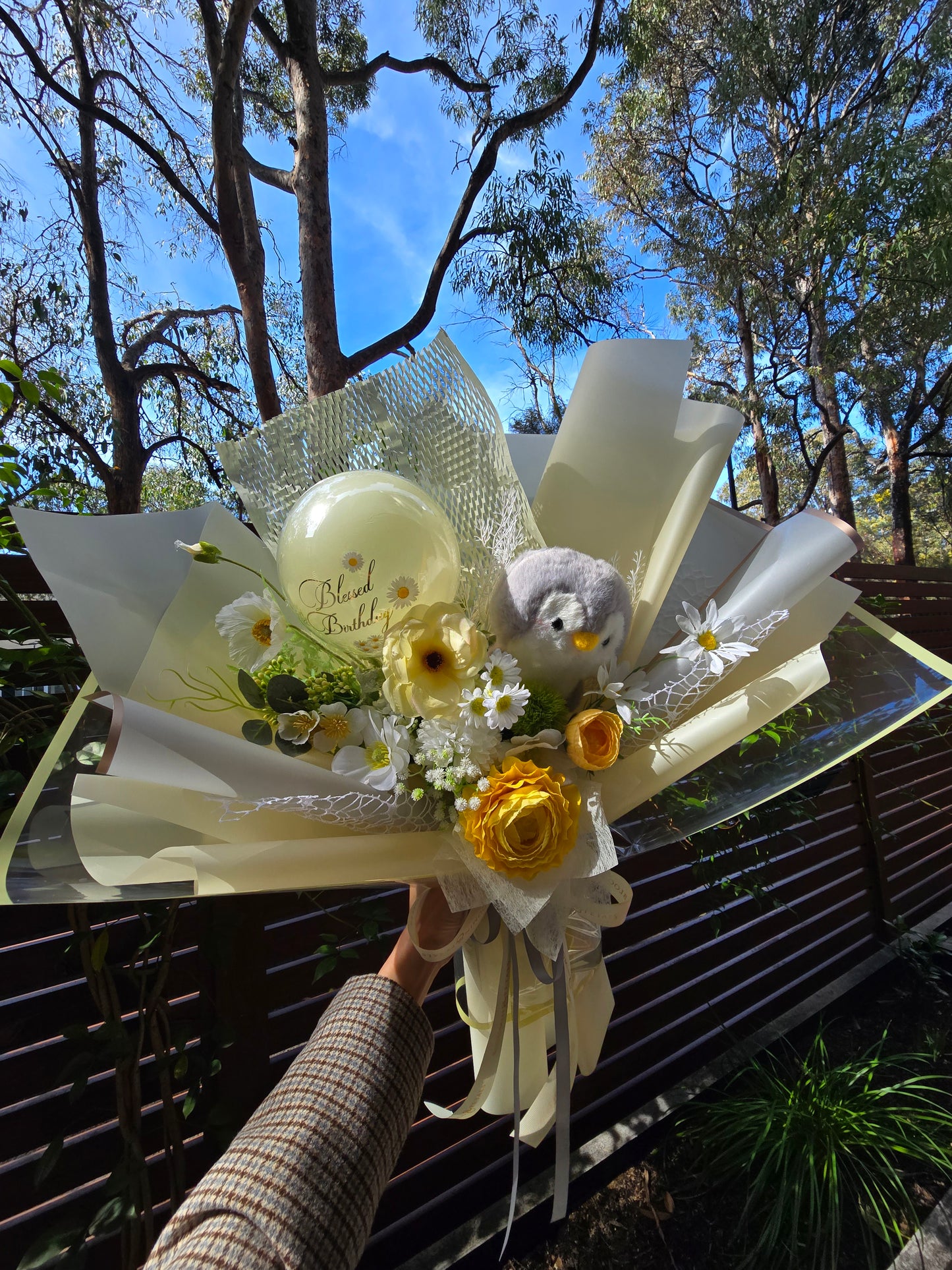 CUSTOM BIRTHDAY FLOWER  BOUQUET WITH BALLOON and PLUSHIE