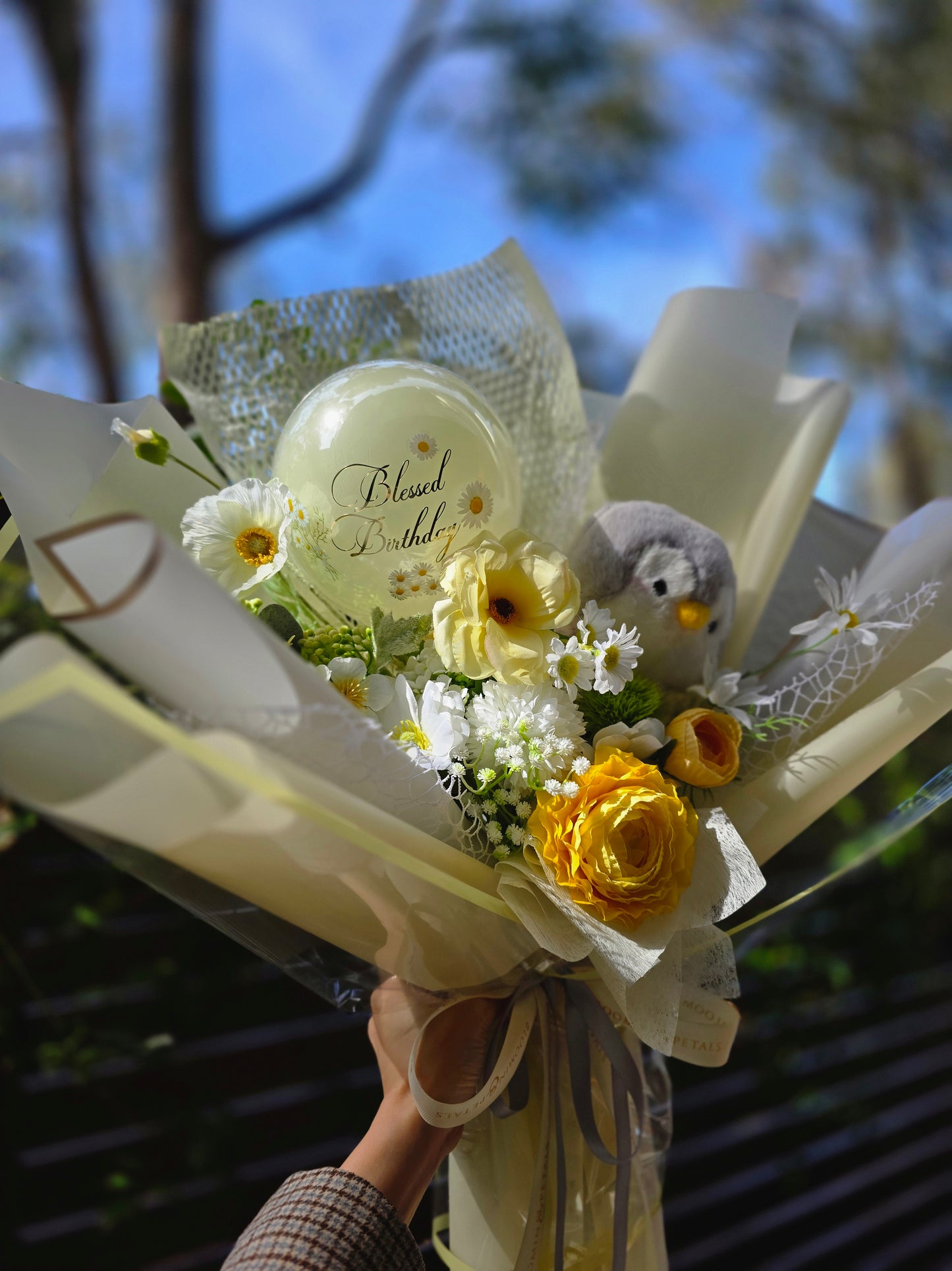CUSTOM BIRTHDAY FLOWER  BOUQUET WITH BALLOON and PLUSHIE