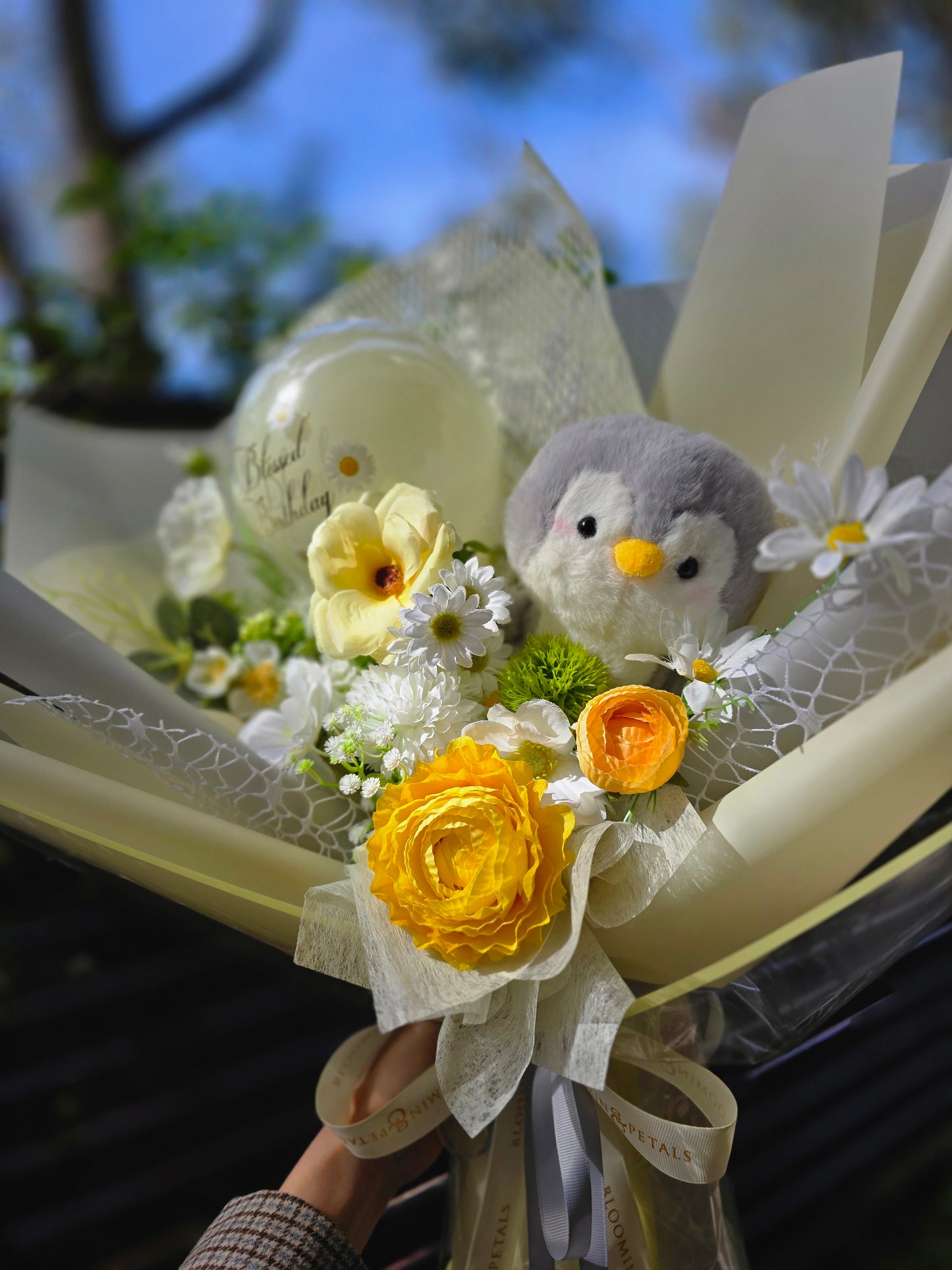 CUSTOM BIRTHDAY FLOWER  BOUQUET WITH BALLOON and PLUSHIE