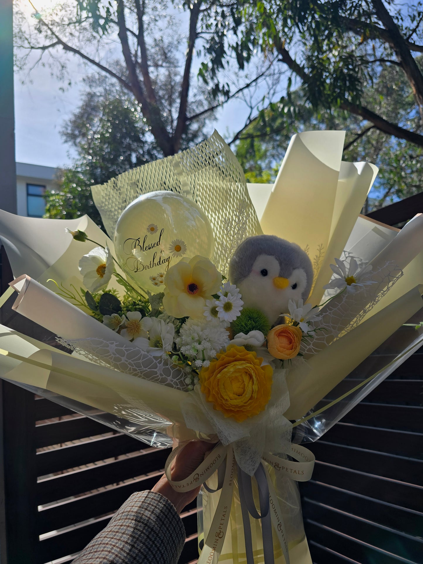 CUSTOM BIRTHDAY FLOWER  BOUQUET WITH BALLOON and PLUSHIE