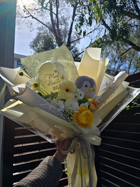 CUSTOM BIRTHDAY FLOWER BOUQUET WITH BALLOON and PLUSHIE
