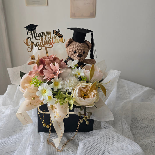 Crochet Teddy Bear Graduation Gift Box | Silk Flower Keepsake Australia