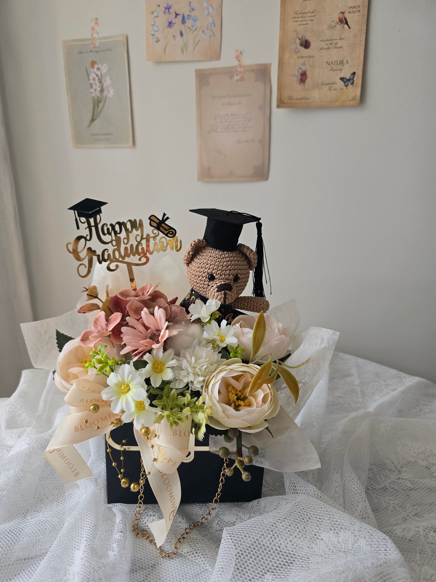 Crochet Teddy Bear Graduation Gift Box | Silk Flower Keepsake Australia