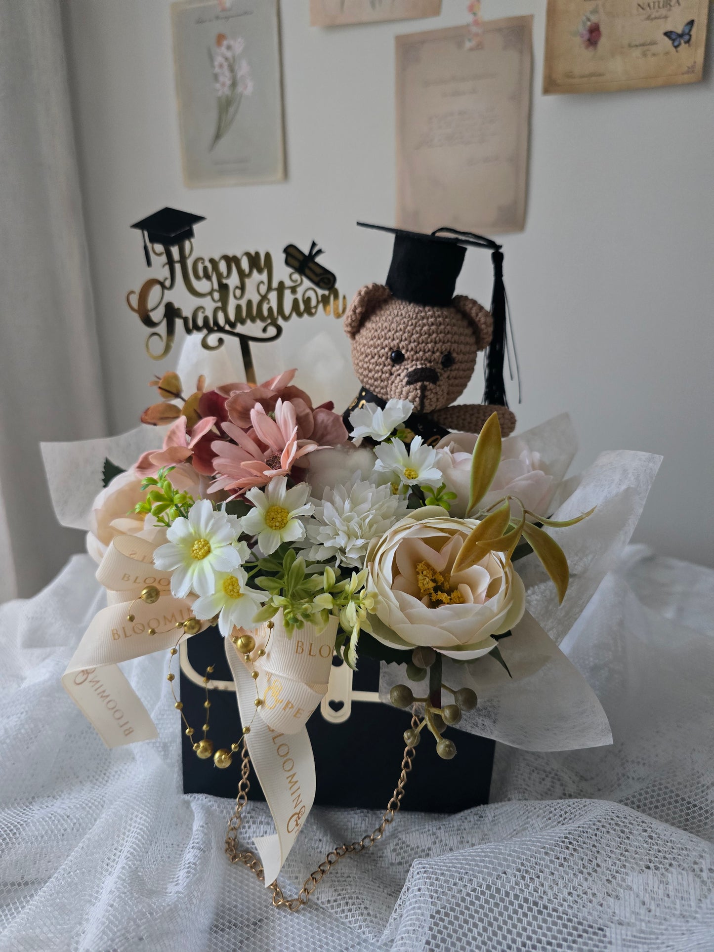 Crochet Teddy Bear Graduation Gift Box | Silk Flower Keepsake Australia
