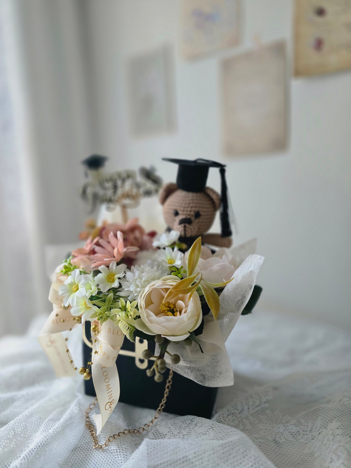Crochet Teddy Bear Graduation Gift Box | Silk Flower Keepsake Australia