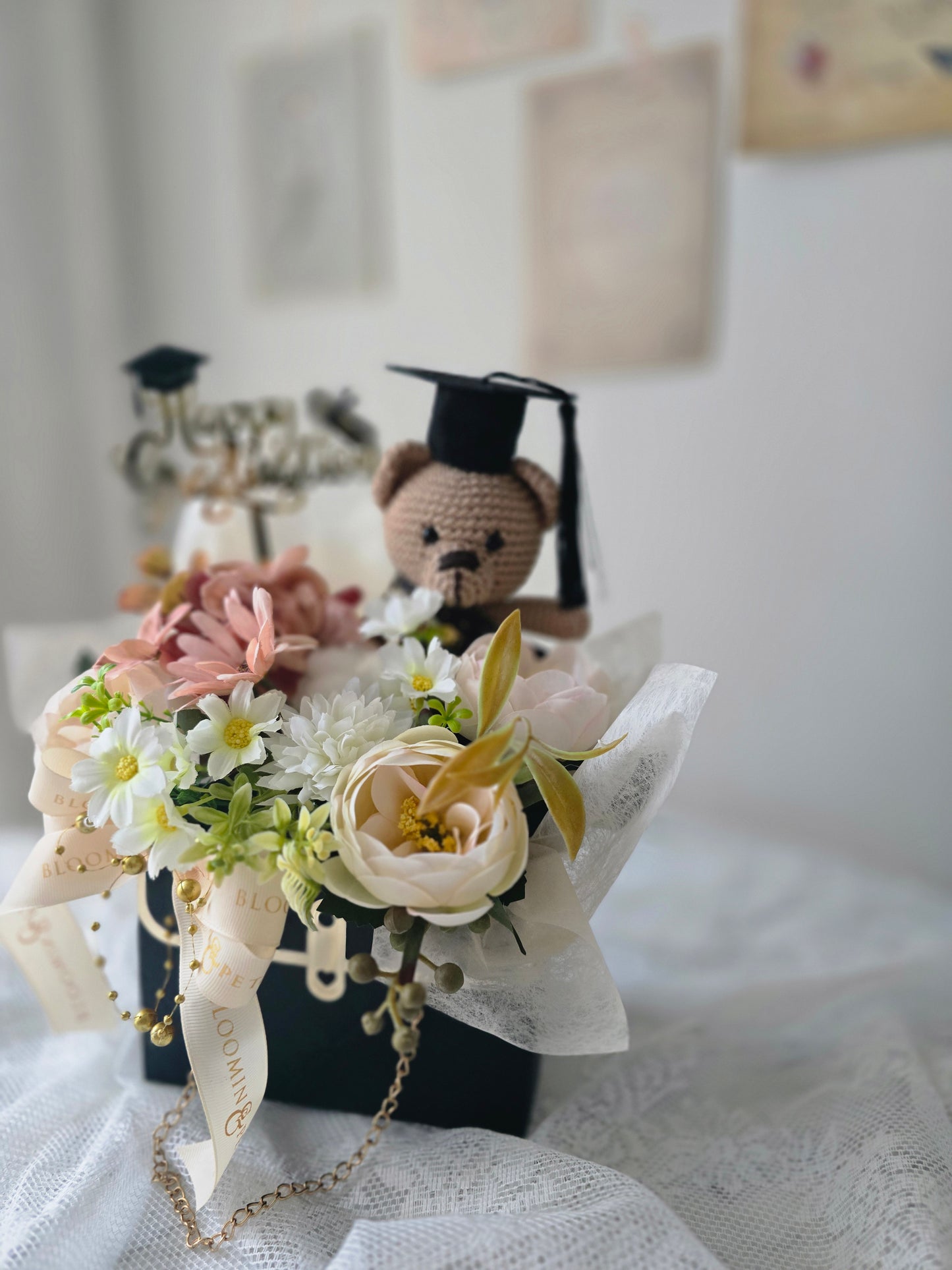 Crochet Teddy Bear Graduation Gift Box | Silk Flower Keepsake Australia