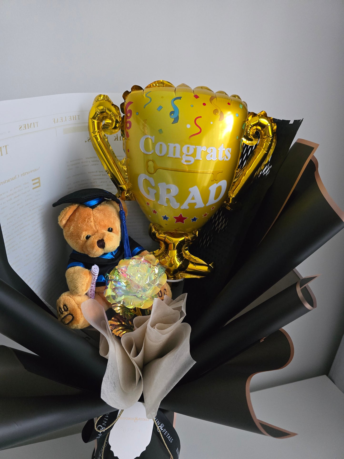 GRADUATION trophy foil balloon with crystal rose and teddy bear graduation