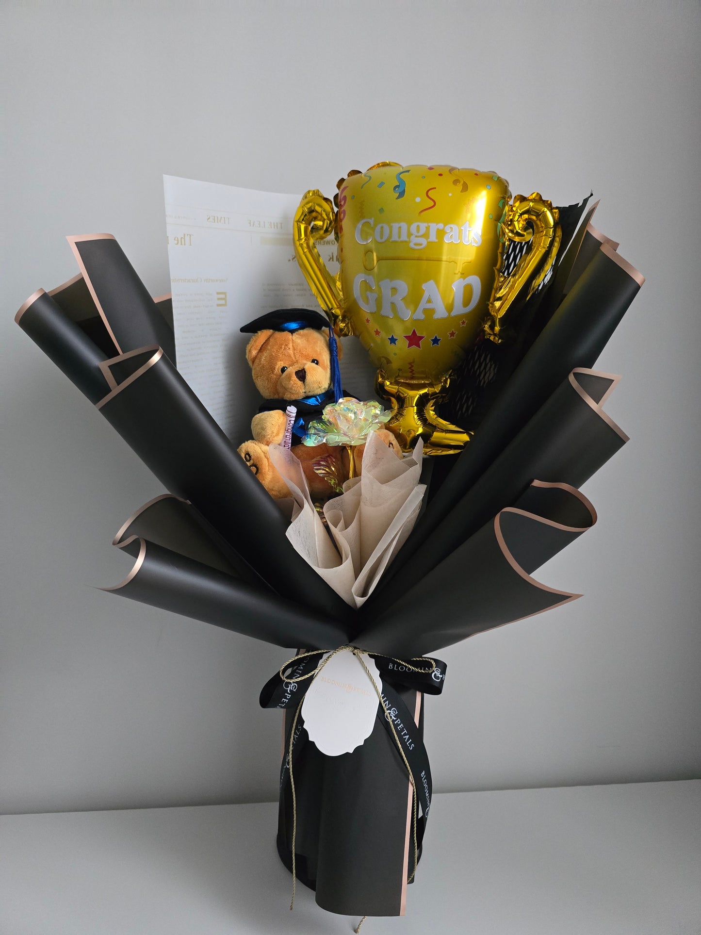 GRADUATION trophy foil balloon with crystal rose and teddy bear graduation