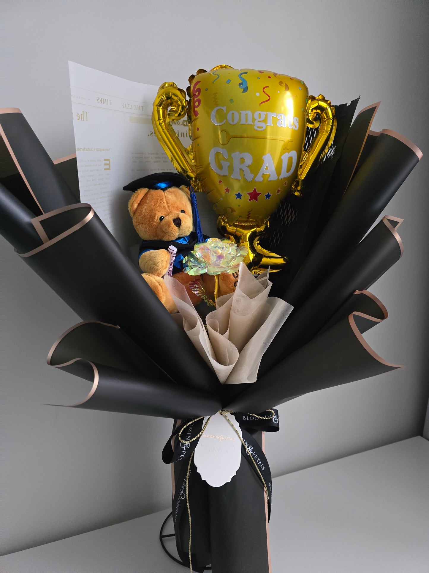 GRADUATION trophy foil balloon with crystal rose and teddy bear graduation