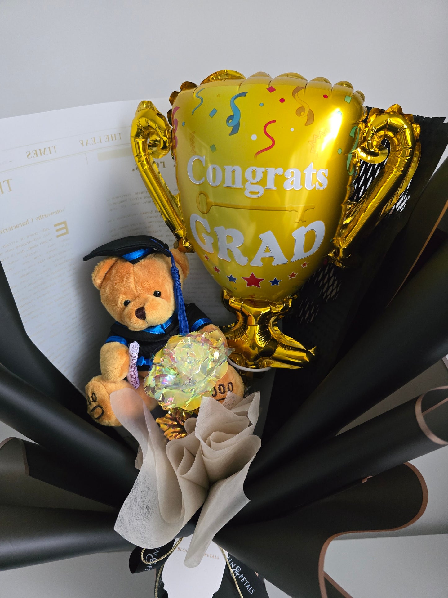 GRADUATION trophy foil balloon with crystal rose and teddy bear graduation