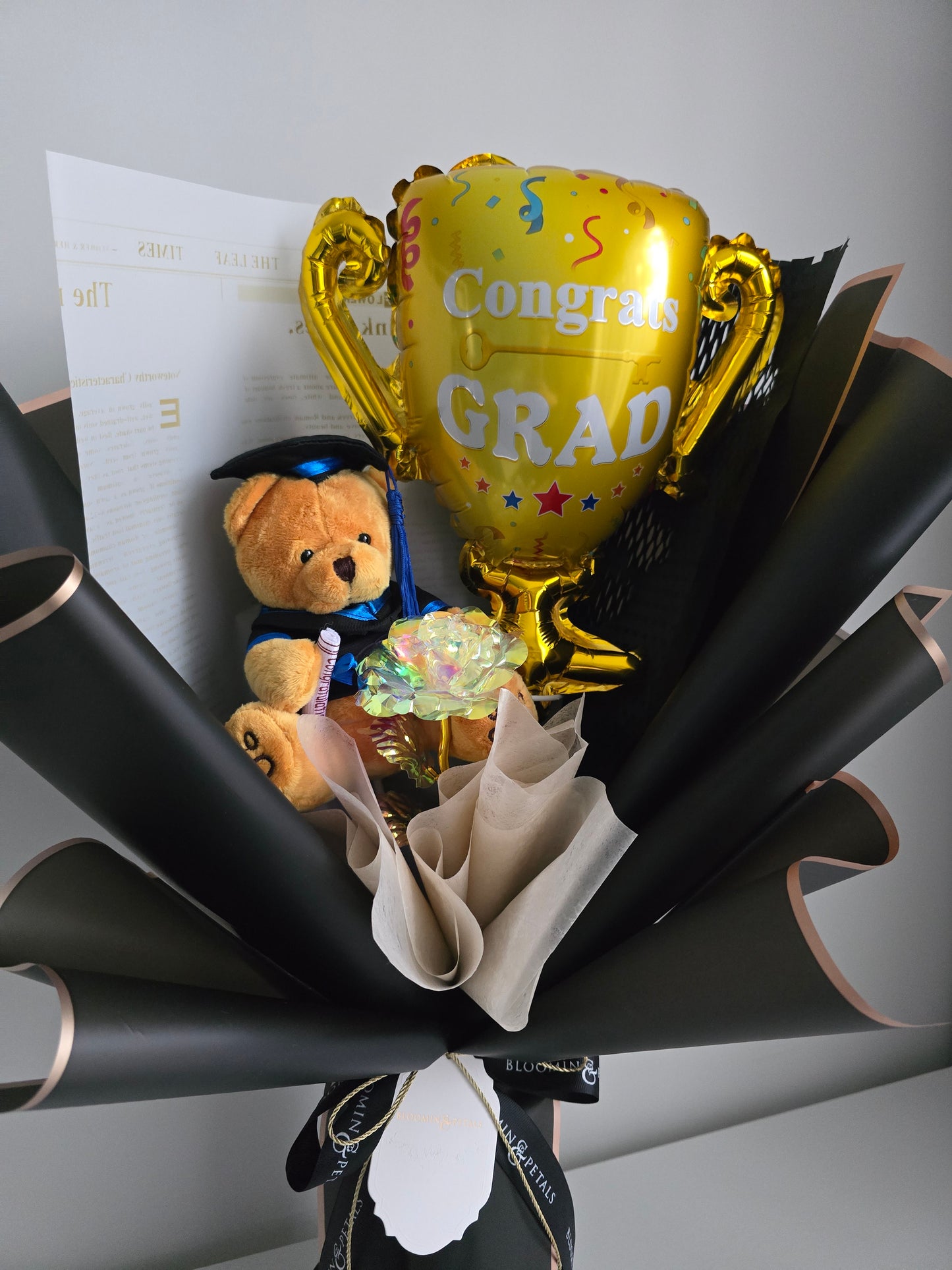 GRADUATION trophy foil balloon with crystal rose and teddy bear graduation