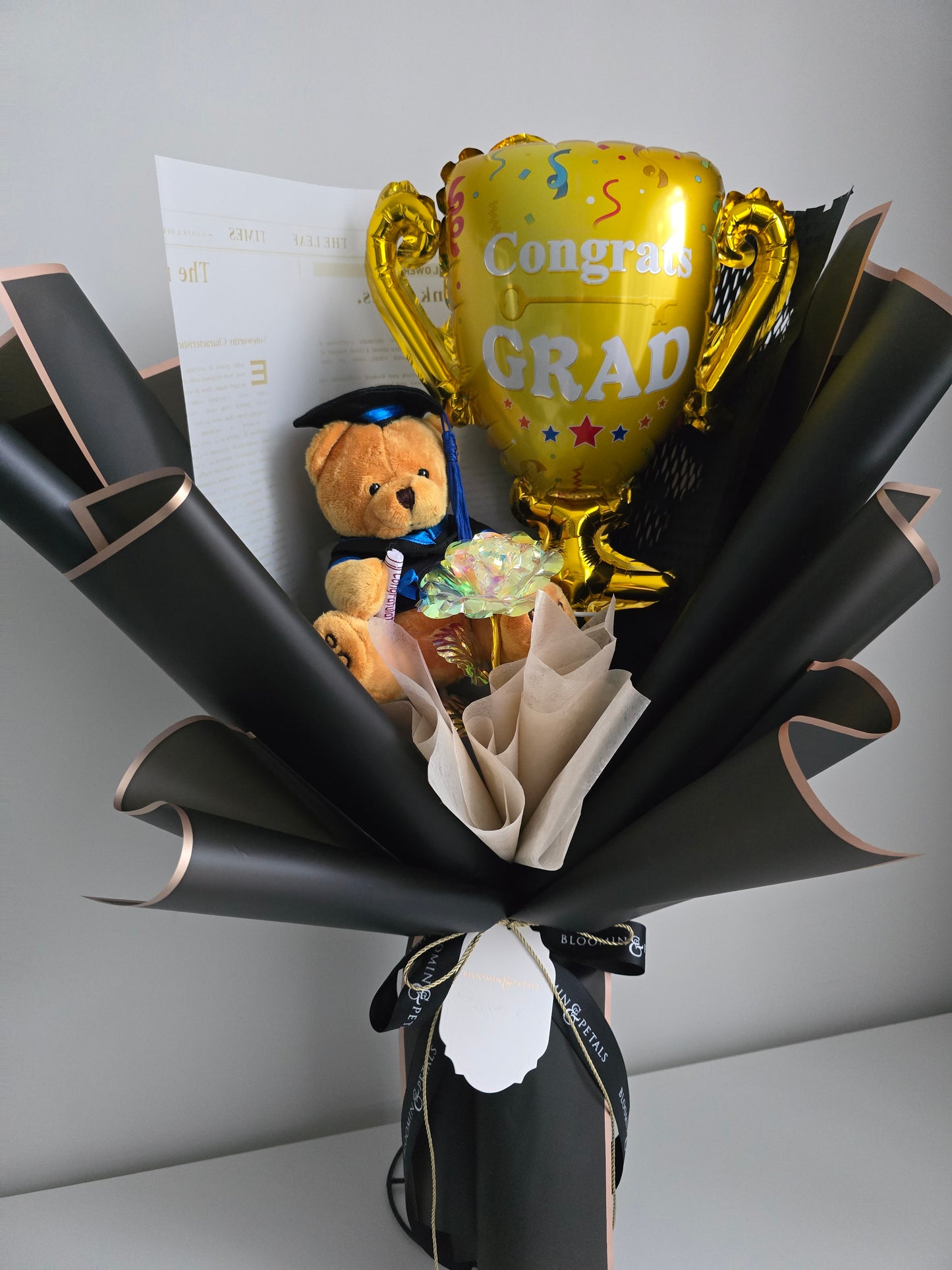 GRADUATION trophy foil balloon with crystal rose and teddy bear graduation
