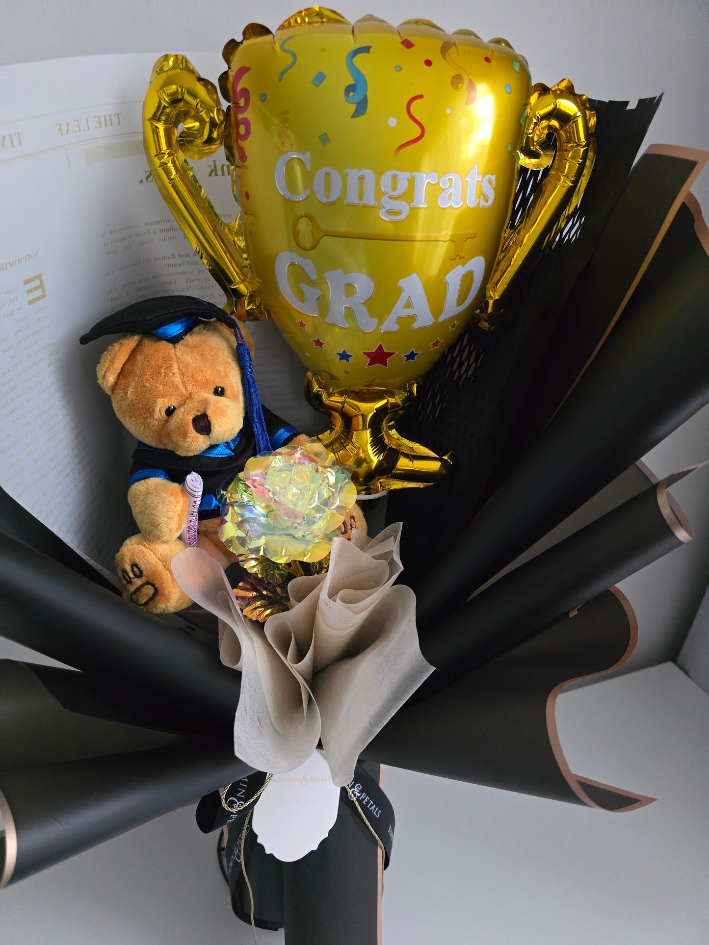 GRADUATION trophy foil balloon with crystal rose and teddy bear graduation