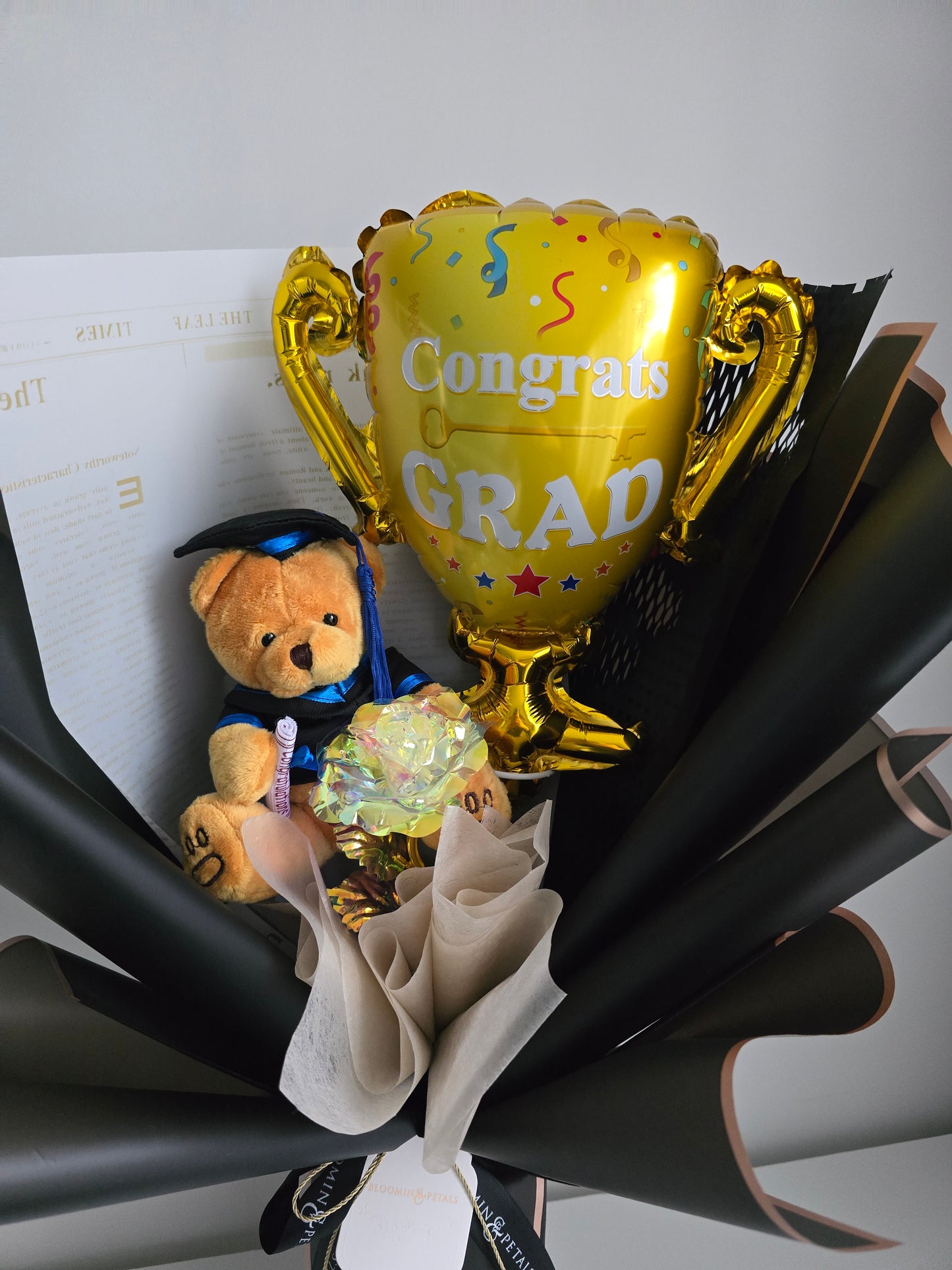 GRADUATION trophy foil balloon with crystal rose and teddy bear graduation