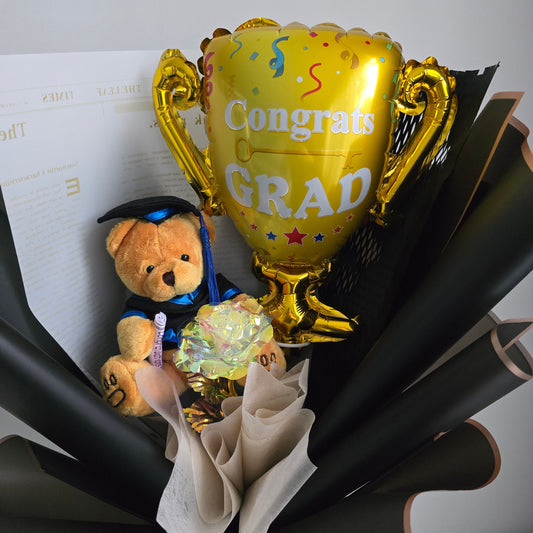 Graduation Teddy Bear & Crystal-Effect Rose Trophy Balloon Bouquet