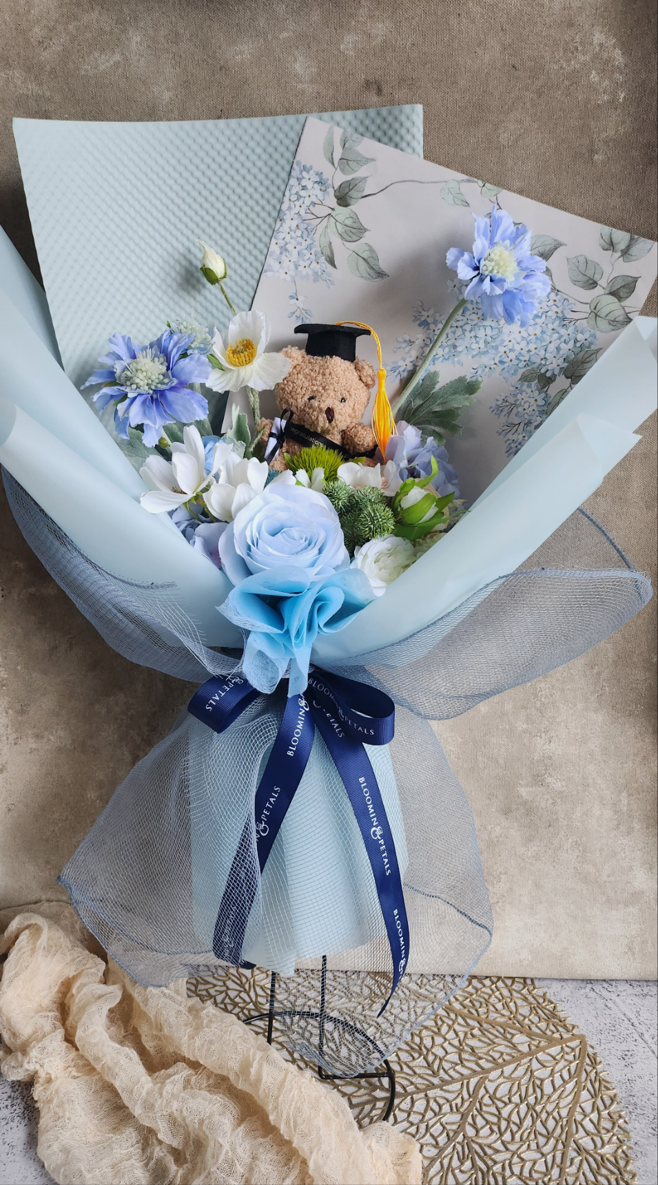 LIMITED EDITION BOUQUET WITH MEDIUM TEDDY BEAR GRADUATION BOUQUET