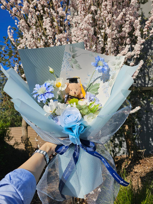 LIMITED EDITION BOUQUET WITH MEDIUM TEDDY BEAR GRADUATION BOUQUET