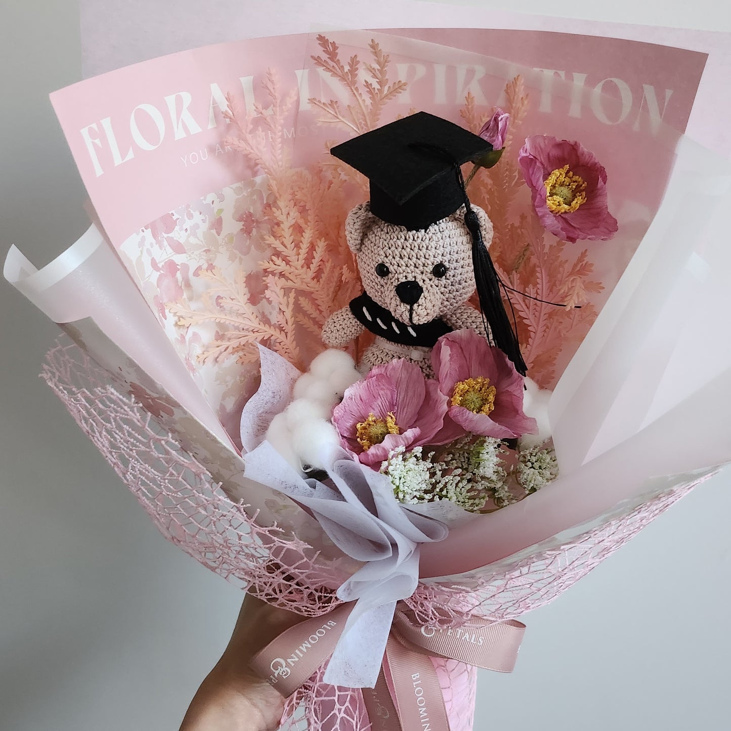 Crochet teddy bear graduation flower bouquet