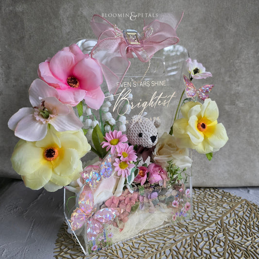 Acrylic handbag silk flower arrangement