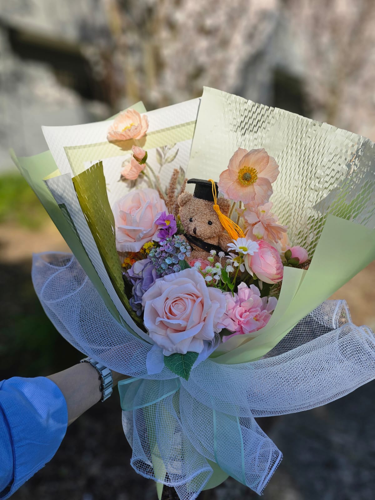 LIMITED EDITION BOUQUET WITH MEDIUM TEDDY BEAR GRADUATION BOUQUET