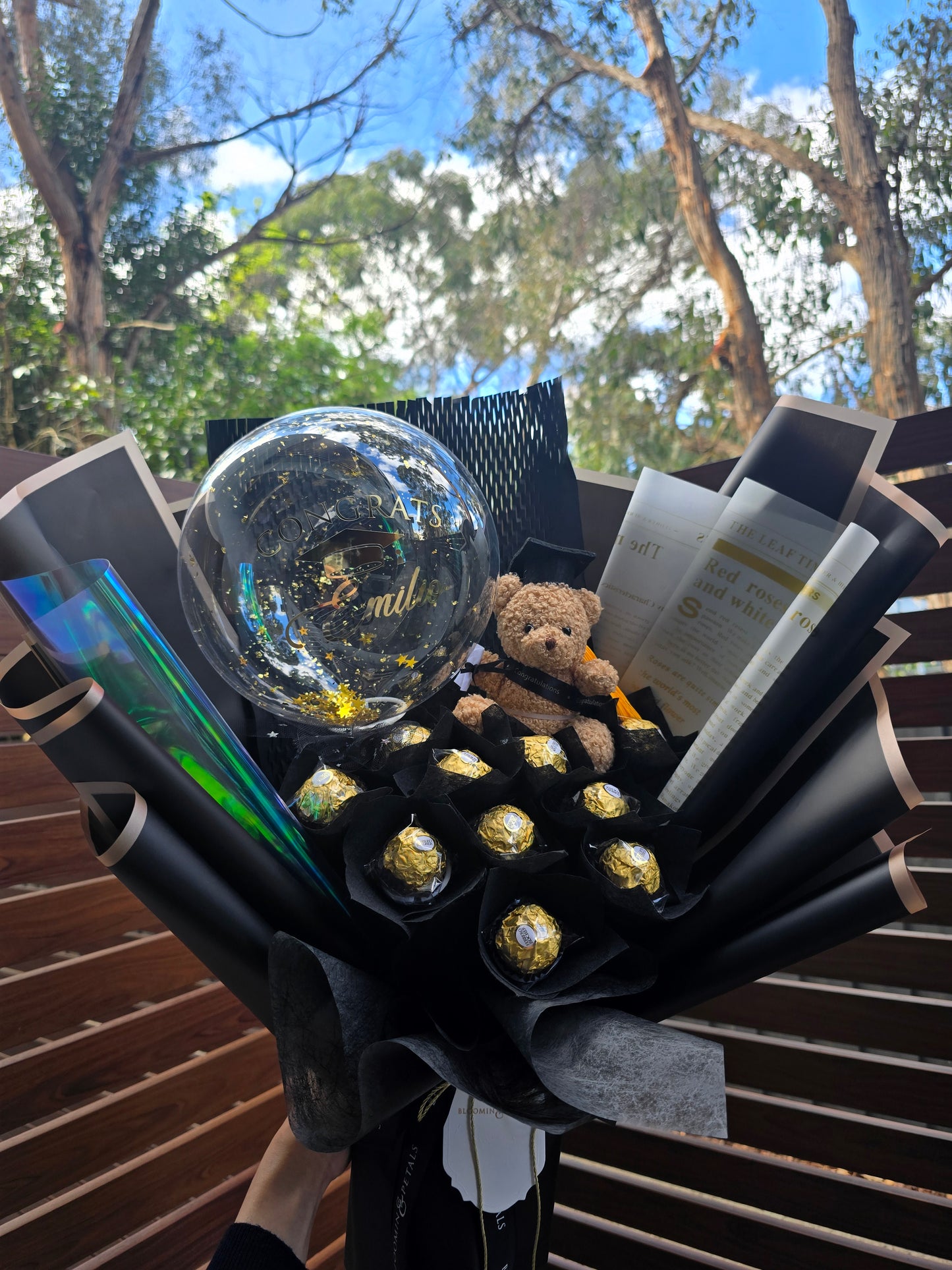 New combo Chocolate Ferrero (10 pcs ferrero) bouquet with mini teddy bear graduation