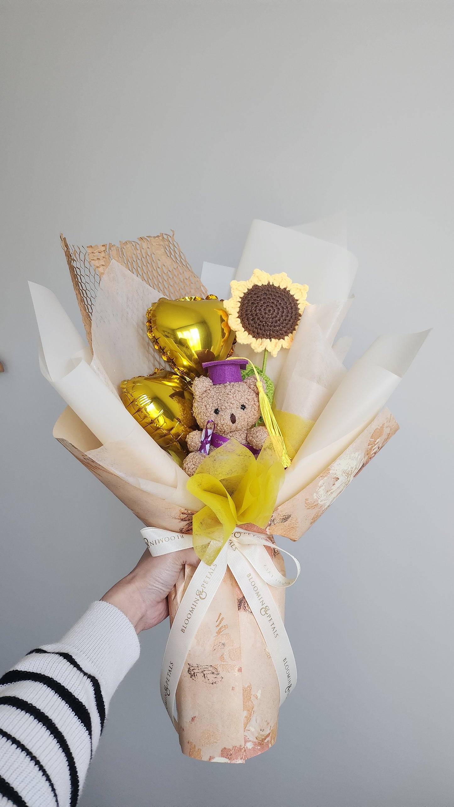 Mini heart balloon with teddy bear graduation bouquet