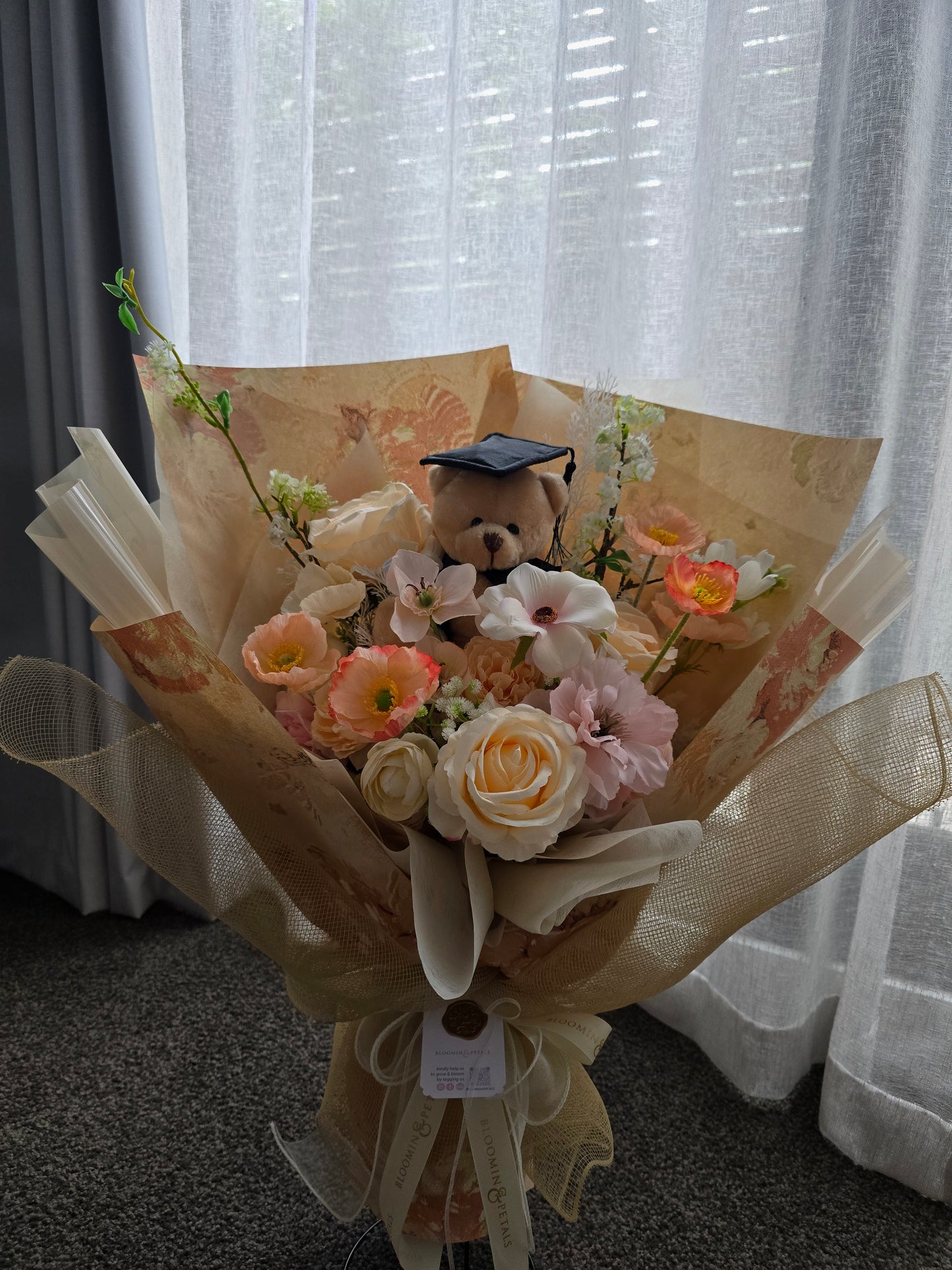 LIMITED EDITION GRADUATION FLOWER  BOUQUET WITH GRADUATION BEAR PEACH TONE