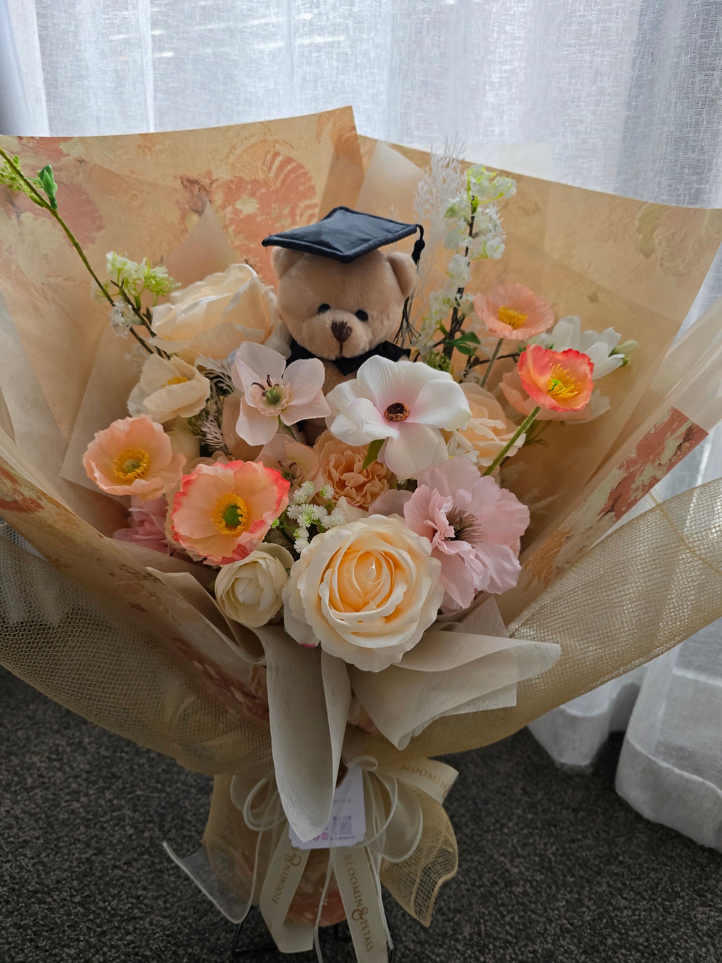 LIMITED EDITION GRADUATION FLOWER  BOUQUET WITH GRADUATION BEAR PEACH TONE