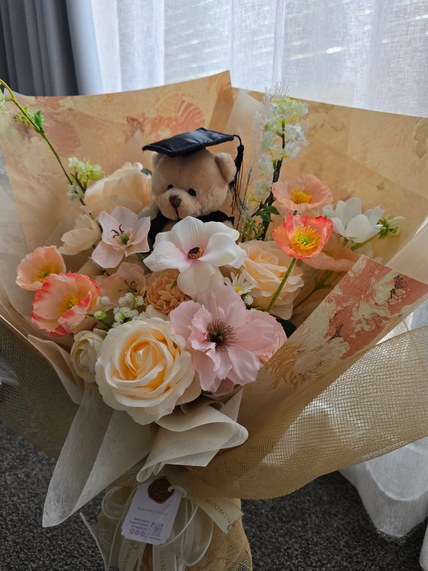 LIMITED EDITION GRADUATION FLOWER  BOUQUET WITH GRADUATION BEAR PEACH TONE