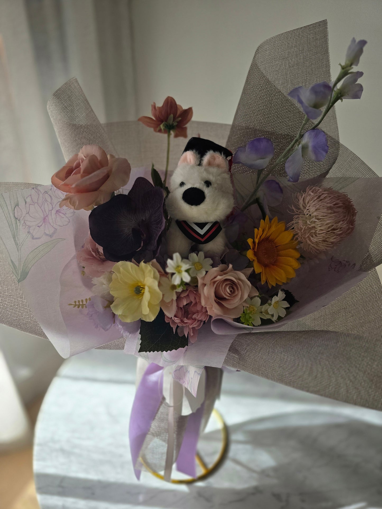 PREMIUM GRADUATION BOUQUET silk flower arrangement bouquet + puppy plushie graduation