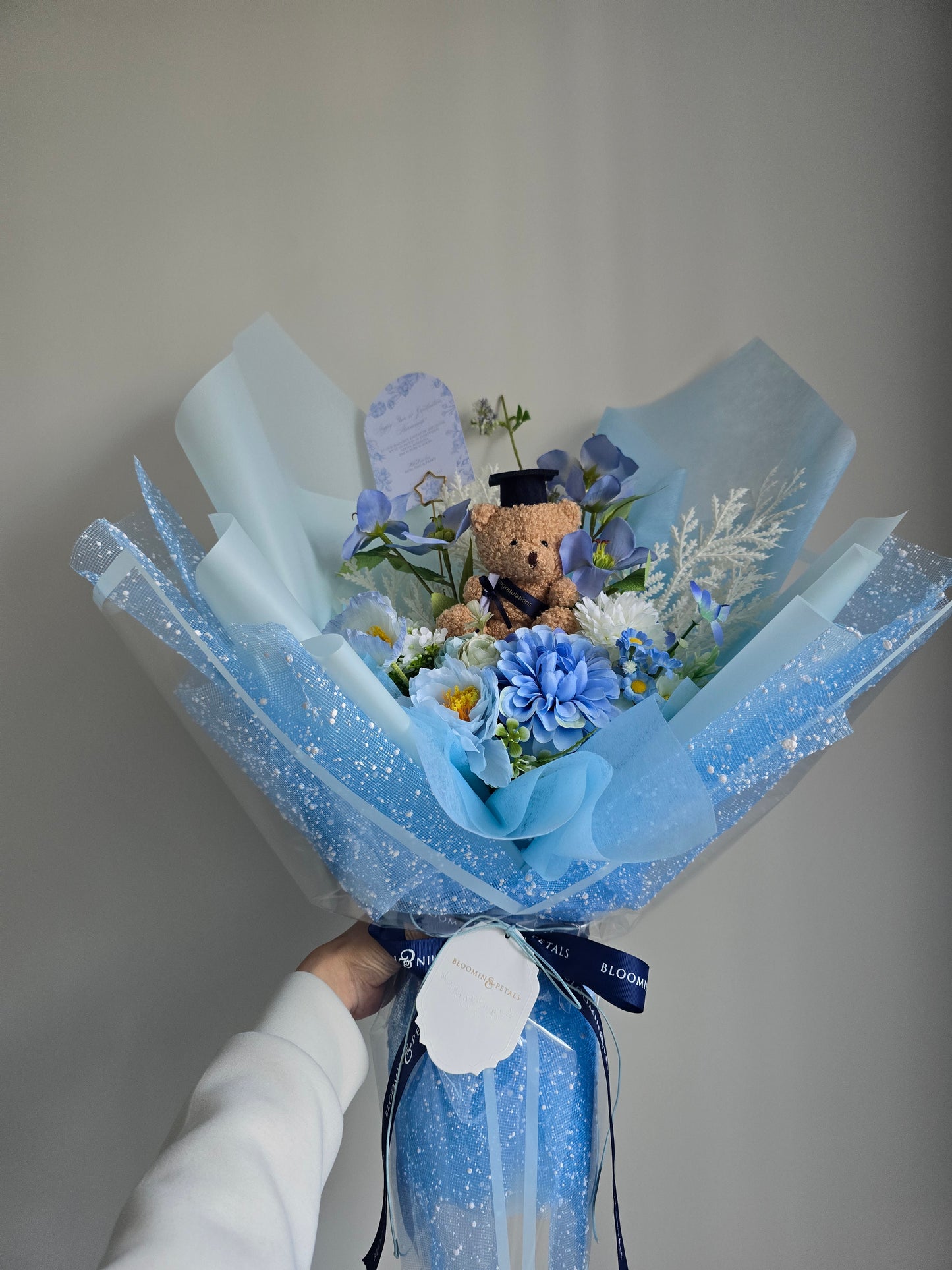 PREMIUM GRADUATION BOUQUET silk flower arrangement bouquet + navy small teddy bear