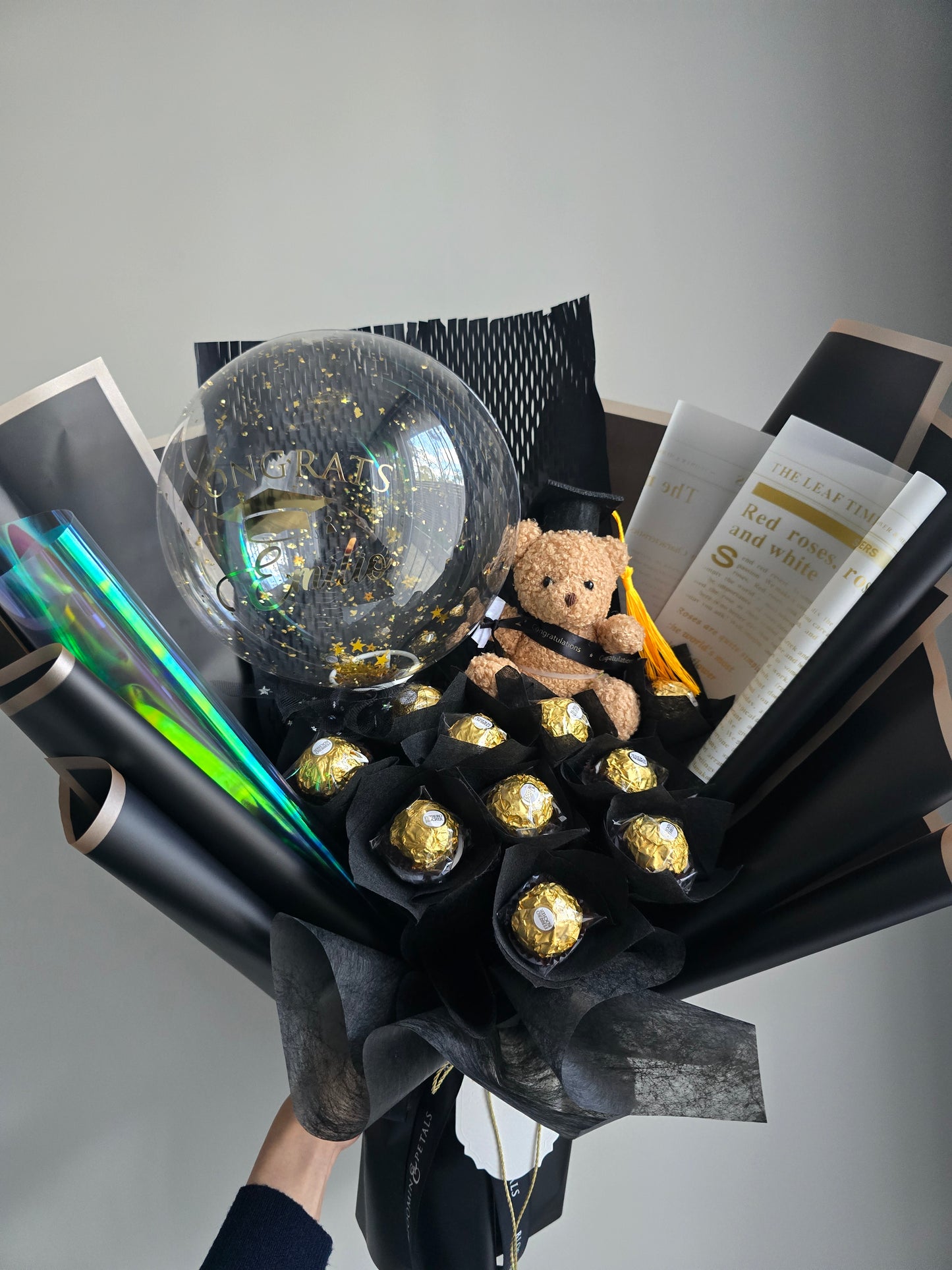 New combo Chocolate Ferrero (10 pcs ferrero) bouquet with mini teddy bear graduation