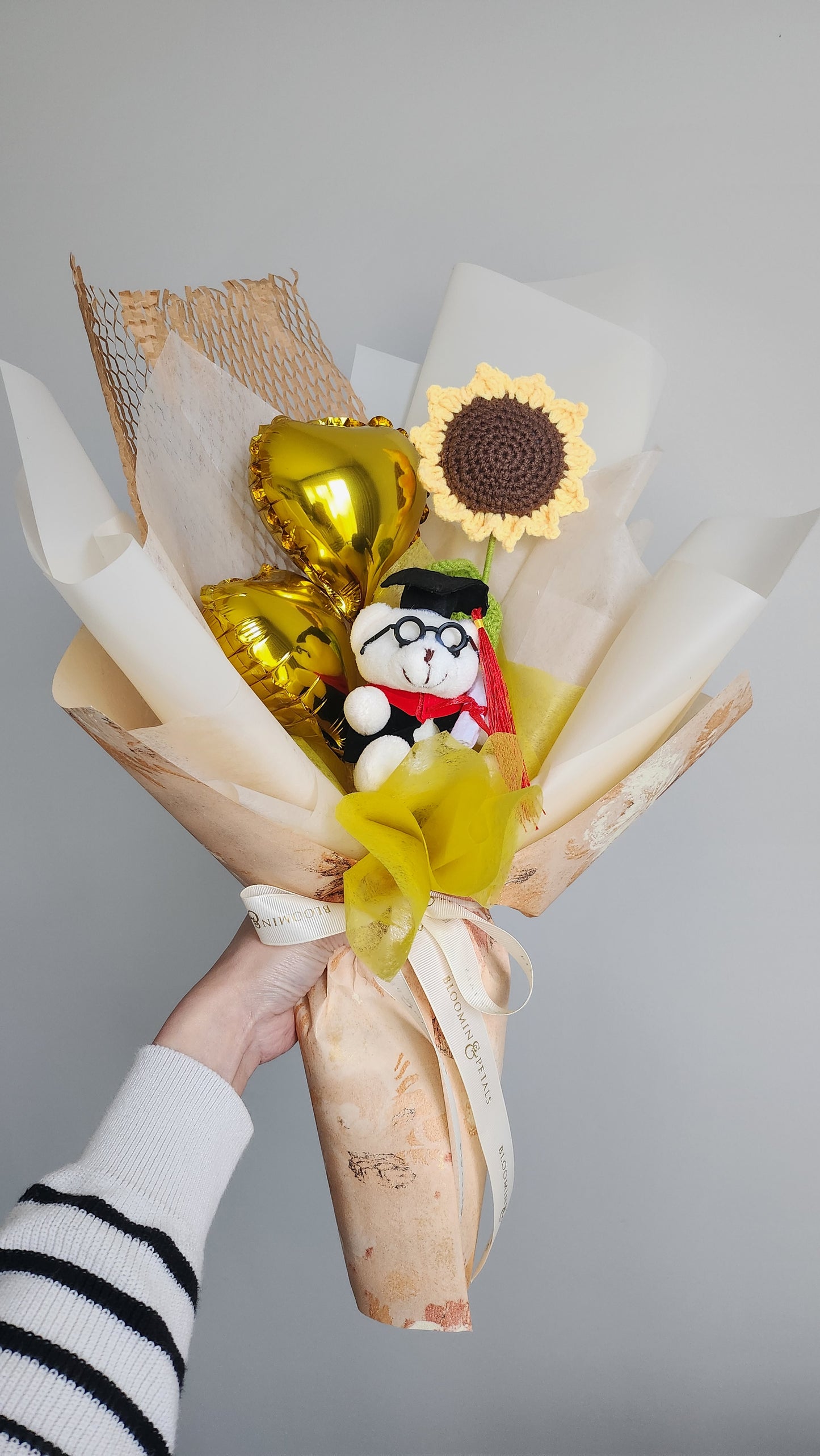 Mini heart balloon with teddy bear graduation bouquet