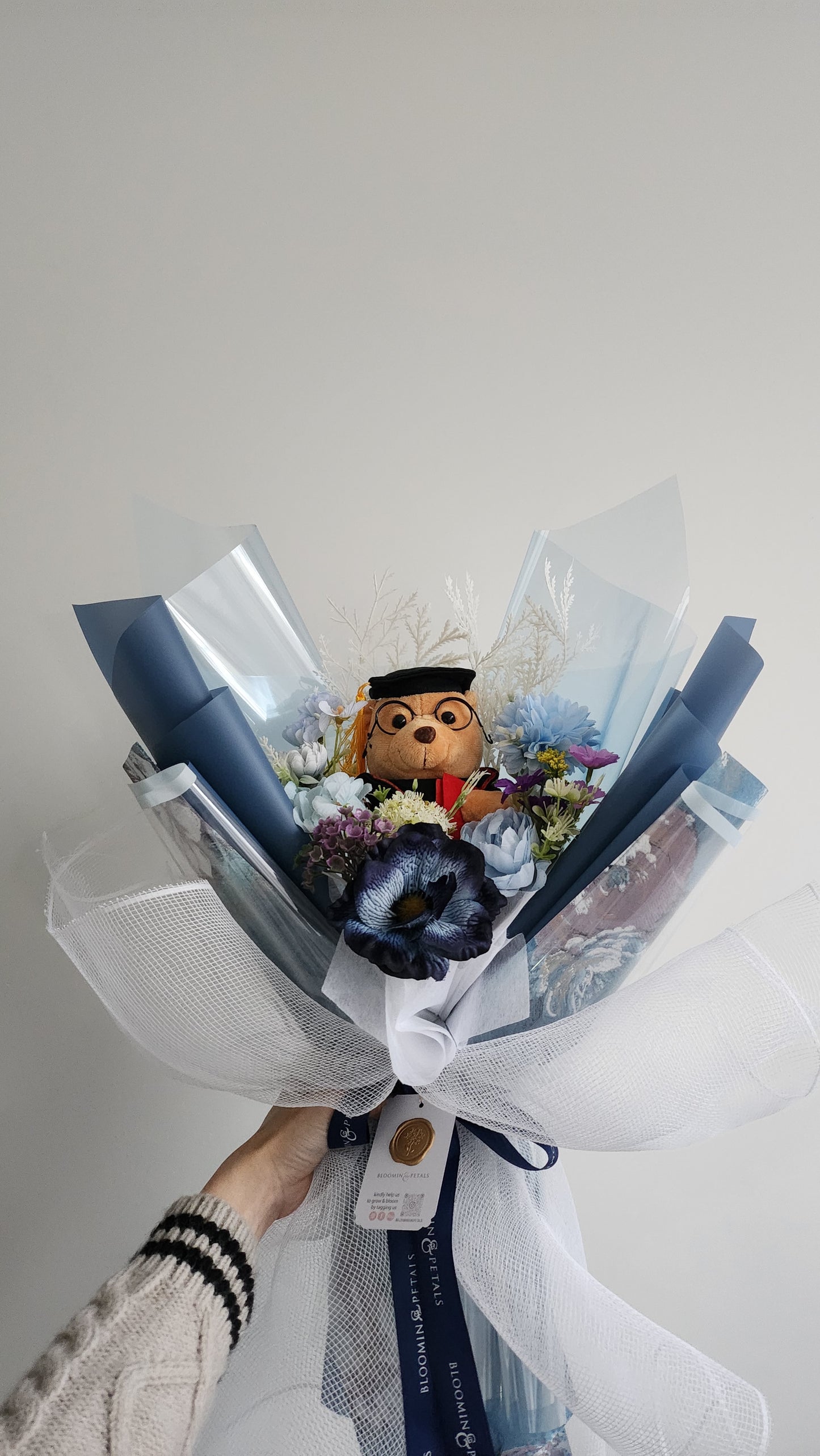 BLUE GRADUATION BOUQUET silk flower arrangement bouquet